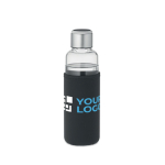 Glass bottle with hydration reminder and sleeve, 500 ml black colour view with print area