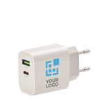 Fast charging EU charger with Type-A and Type-C port view with print area