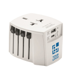 Universal travel adapter with USB Type-C and Type-A ports view with print area