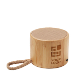 Wireless bamboo speaker in natural design with rope handle view with print area