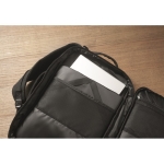 Recycled multi-compartment travel backpack made from polyester black colour second ambient view