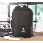 Recycled multi-compartment travel backpack made from polyester black colour main ambient view