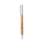 Rotating bamboo ballpoint pen with matte blue ink natural colour image with logo