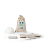 Spa set in a bag with bath sponge, towel and pumice stone main view