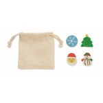 Set of 4 Christmas style erasers with cotton bag beige colour