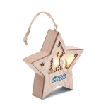 Wooden Christmas star with lights and cord for hanging wood colour view with print area