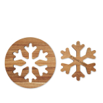 Set of 2 acacia wood coasters in the shape of a snowflake wood colour view with print area