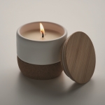 Vegetable wax candle with linen scent, bamboo lid, cork base white colour second photographic view