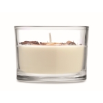 Vegetable wax candle with flowers, fruits, and cinnamon white colour third view