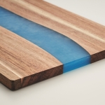 Acacia wood chopping board with blue epoxy resin detail wood colour third photographic view