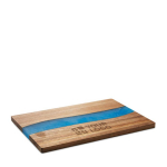 Acacia wood chopping board with blue epoxy resin detail wood colour view with print area