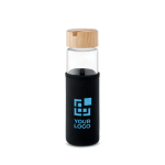 Leak-proof glass bottle with phone holder, 600 ml black colour view with print area