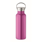 Recycled stainless steel bottle with handle on the lid, 500 ml fuchsia colour