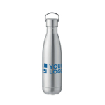 Recycled steel thermal bottle with handle on the lid, 500 ml matt silver colour view with print area