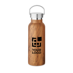 Bottle with a wood look, recycled stainless steel, 500 ml brown colour view with print area