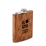 Recycled stainless steel flask with wood look, 190 ml brown colour view with print area