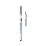 Ballpoint pen with stylus, blue ink, headphone cleaning kit white colour view with print area