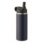 Recycled stainless steel leakproof bottle with straw, 500 ml navy-blue colour