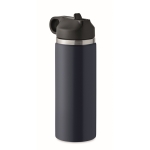 Recycled stainless steel leakproof bottle with straw, 500 ml navy-blue colour second view