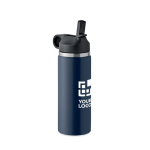 Recycled stainless steel leakproof bottle with straw, 500 ml navy-blue colour view with print area