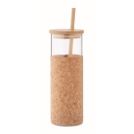 Glass mug with cork sleeve, lid, and bamboo straw, 450 ml beige colour