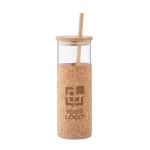 Glass mug with cork sleeve, lid, and bamboo straw, 450 ml beige colour view with print area