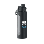 Glass bottle with silicone cover and lid with handle, 750 ml black colour view with print area