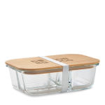 Glass lunch box with 3 compartments and bamboo lid, 800 ml transparent colour view with print area