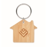 Affordable keyring made of bamboo in the shape of a house wood colour second main view