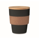 Recycled plastic cup with cork band and bamboo lid, 300 ml black colour