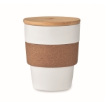 Recycled plastic cup with cork band and bamboo lid, 300 ml white colour