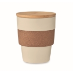 Recycled plastic cup with cork band and bamboo lid, 300 ml beige colour