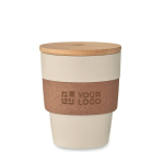 Recycled plastic cup with cork band and bamboo lid, 300 ml beige colour view with print area