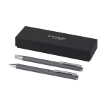 Aluminium pen and rollerball set with chrome details, black ink dark grey colour