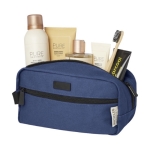 Recycled cotton GRS toiletry bag with metal plate, 330 g/m² navy-blue colour