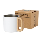 Recycled steel insulated mug with wooden handle, 360 ml white colour