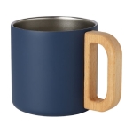 Recycled steel insulated mug with wooden handle, 360 ml dark blue colour