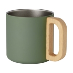 Recycled steel insulated mug with wooden handle, 360 ml military green colour