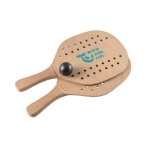 Wooden beach rackets in a bag with a ball dark wood colour image with logo