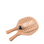 Wooden beach rackets in a bag with a ball main view