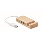 3-port USB hub with mobile phone holder and cable, 20 cm wood colour