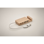 3-port USB hub with mobile phone holder and cable, 20 cm wood colour fifth photographic view