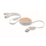 Retractable multi-USB charging cable with bamboo detail, 90 cm white colour