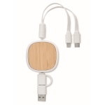 Retractable multi-USB charging cable with bamboo detail, 90 cm white colour third view