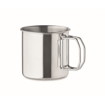 Stainless steel mug with folding handle for trips, 330 ml silver colour