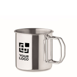 Stainless steel mug with folding handle for trips, 330 ml view with print area