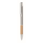 Ballpoint pen with push mechanism, bamboo handle, and blue ink matt silver colour