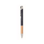 Ballpoint pen with push mechanism, bamboo handle, and blue ink view with print area