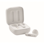 Wireless ABS earphones with microphone and detail on case white colour main view