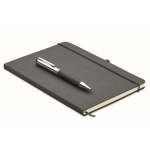 Recycled PU notebook with hard cover and blue ink pen black colour